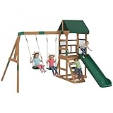 AIYAPLAY Spielturm Klettergerüst Schaukelgestell mit 194,5cm Rutsche, 2 Schaukeln, Kletterwand, überdachtem Oberdeck Outdoor Kinder Kletterturm aus Holz Spielhaus für 3-8 Jahre Kinder 315x284x233 cm