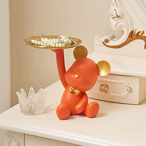 Fjs Cute Bear Storage Tray Statue Table Decorations For Living Room, Bear Statues For Home Decor Bookshelf Decor, Key Bowl For Entryway Table Lipsticks Jewelry Earrings Tray (Orange) #TOP1