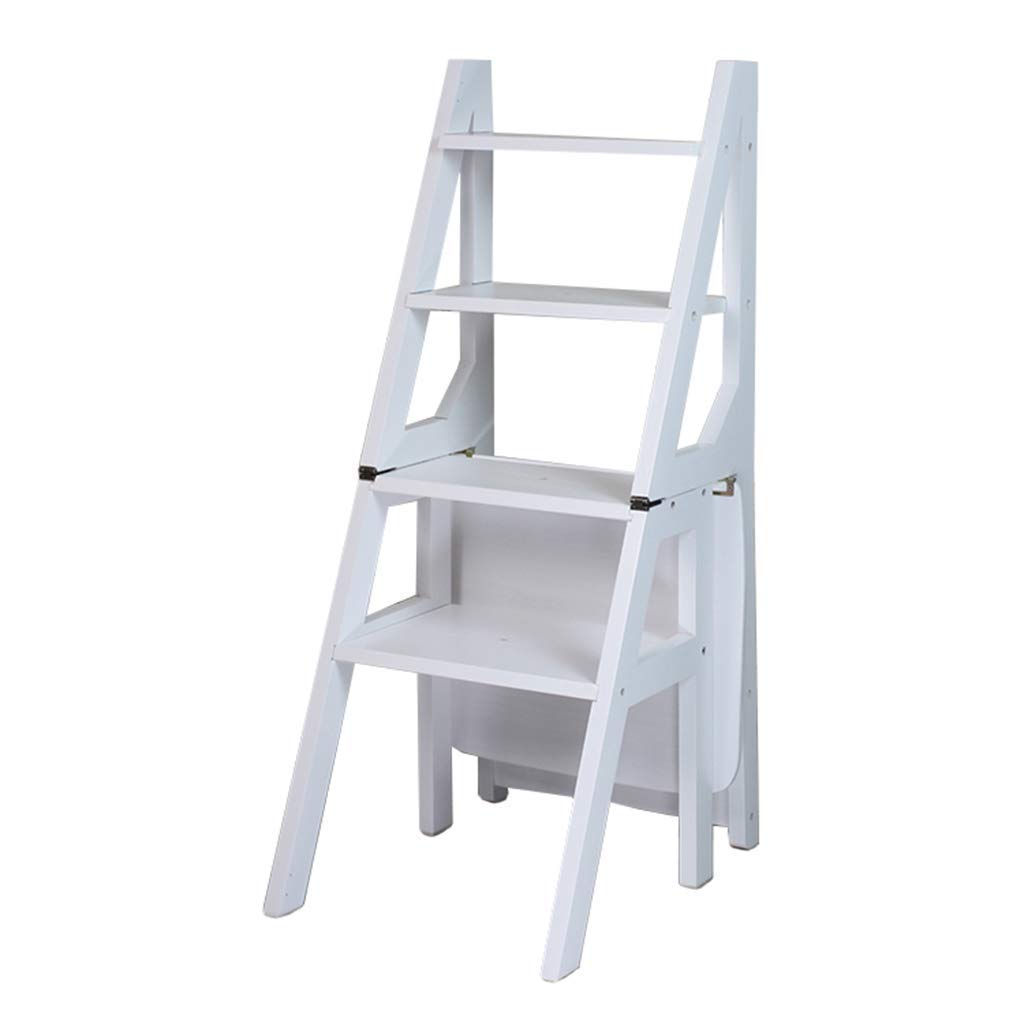 Step Stools Folding 4 Step Wooden Ladder Stool, Portable Solid Wood Flower Shelf/White Step Chair Stool Indoor Ascend Stepladder,120kg Capacity
