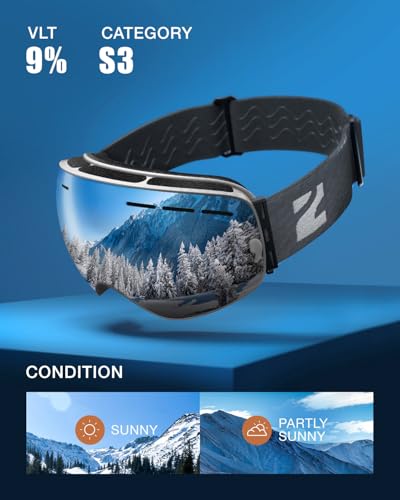 Image of ZIONOR X Ski Snowboard Snow Goggles OTG Design for Men Women Adult with Spherical Detachable Lens UV Protection Anti-fog (VLT 9% Grey Frame Silver Lens)