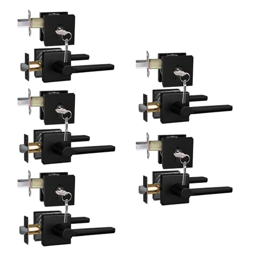 Image of NEWBANG Keyed Deadbolt Lock with Passage Lever Handle for Exterior Entrance in Matte Black, Heavy Duty and Reversible, HD1601-DB-DT-PS-SET-5P