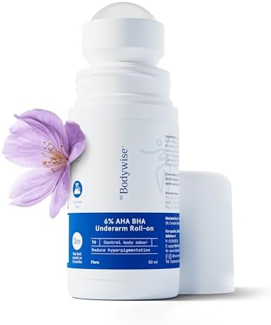 6% AHA BHA Underarm Roll-on Deodorant for Even Tone Skin,Reduces Body Odor & Pigmentation | 1% Mandelic, 4% Lactic, 1% Salicylic & Kojic Acid, Alcohol & Aluminum Free |Flora Fragrance,50ml