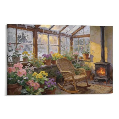 Greenhouse Interior Framed Canvas Wall Art, Cozy Sunroom with Flowers