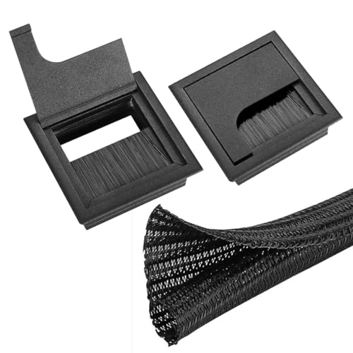 AEKZOX 2 piezas pasacables con cepillo y 1m funda protectora de cables de nailon, set de gestión de cables para escritorio con protección contra polvo para organizar cables en oficina y hogar