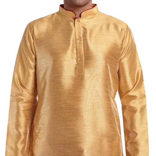 SKAVIJ Men's Art Silk Indian Ethnic Wear Kurta Pajama and Scarf Suit Festivals Season Party Dress Set (Gold, Large)3