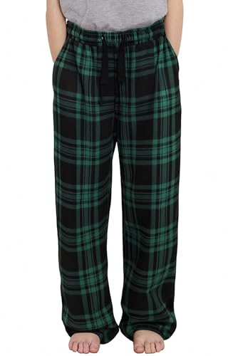 PATPAT Kids Plaid Pajama Pants - Boys and Girls Long Sleep Soft Elastic Waist Lounge Bottoms with Pockets Green/Black Plaid Size 11-12 Years