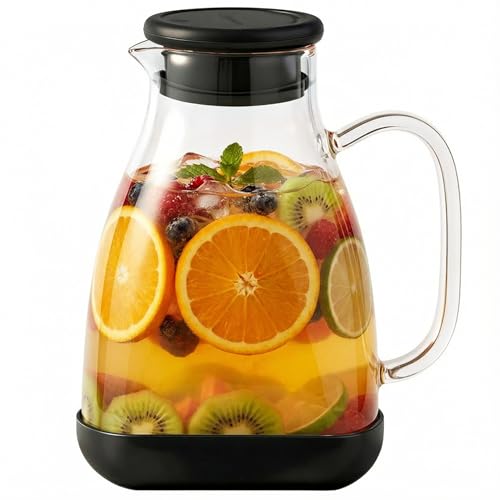Image of Glass Pitcher with Lid, 68 oz(1 /2 Gallon), Hot /Cold Glass Water Jug with Silicone Lid, Borosilicate Glass Carafe Wide Mouth Juice and Iced Tea Beverage Serveware (Flat 2pcs)