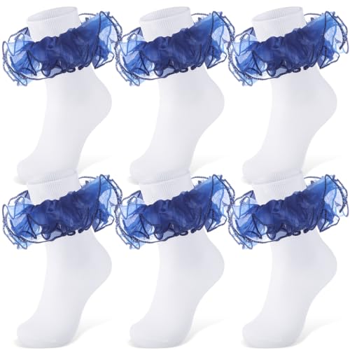 Image of Geyoga 3 Pairs Women Big Ruffle Socks Turn Cuff, Double Lace Ankle Cotton Frilly Socks for Ladies Summer