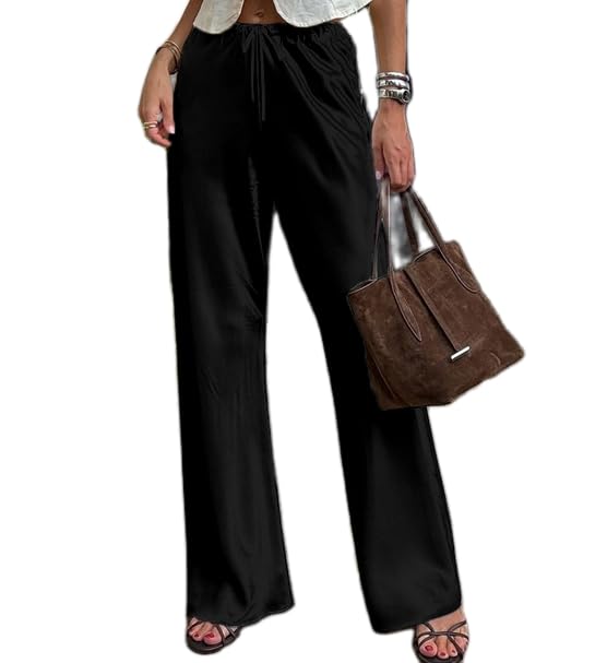 Womens Y2K Satin Wide Leg Pants Silky Elastic Waist Lounge Long Bottoms Work Casual Loose Fit Trousers Streetwear