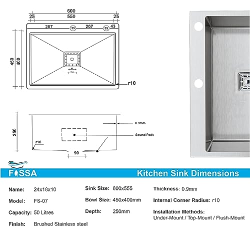 Image of Fossa Silver Kitchen Sink - 24 inchx18 inchx10 inch Stainless Steel Single Bowl Sink with Tap Hole, Drain Basket, Soap Dispenser, Drain - Topmount Sink for Campervan or Home Kitchen (Silver)