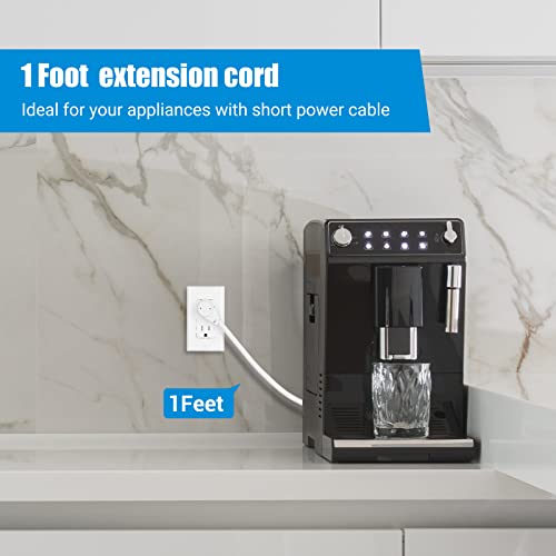 Dewenwils 1Ft Extension Cord Indoor, 14 Gauge Short Flat Plug Extension Cord White With 3 Prong, Low Profile Power Cable Sjt, Etl Listed, 3 Pack #TOP3