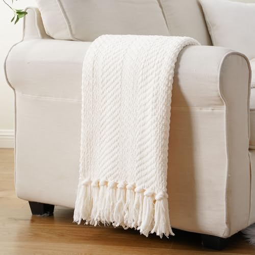 Image of BATTILO HOME Cream Throw Blanket for Couch, Knit Throw Blanket, 50 inchx60 inch