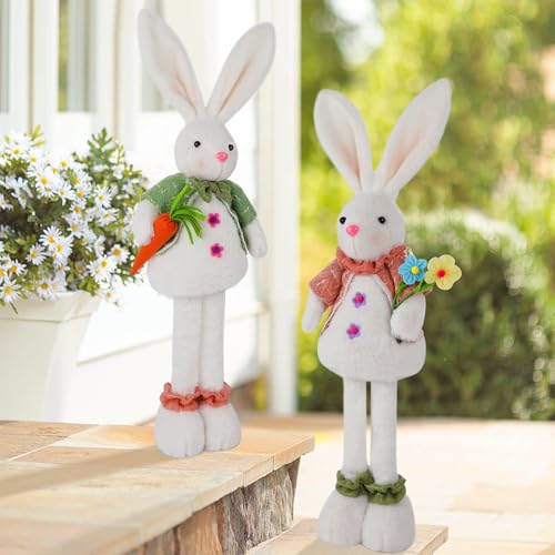 Glintoper 2 Pack Easter Standing Bunny with Stretchable Legs, 18" to 25" Plush Rabbits Couple Figurine, Cute Party Favor Photo Props Gifts for Office Kitchen Farmhouse Front Door Spring Home Decor by Glintoper - Image 5
