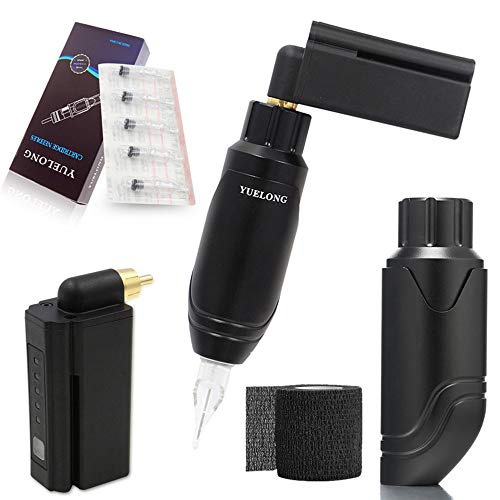 Tattoo Machine Pen Kit - Yuelong Rotary Tattoo Machine Gun with Wireless Tattoo Power Supply 20pcs Tattoo Needles Cartridge Black Tattoo Grip Tape Wrap Tattoo Gloves Tattoo Ink Caps for Tattoo Kits