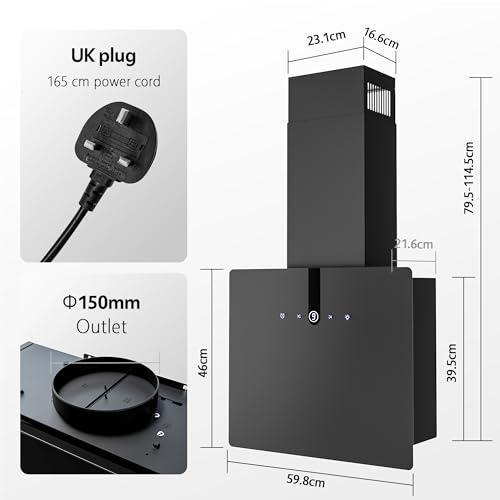 FIREGAS Range Cooker Hood 60cm,Tempered Glass & Stainless Steel Extractor Hood with Brushless Motor,Touch Screen, LED and Recirculating & Ducting System Wall Mounted Extractor Fan kitchen - Image 8