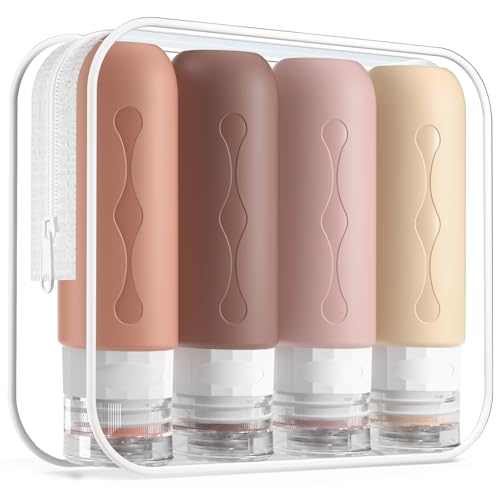 Gemice Silikon Reiseflaschen 90ml Set, 4 Stück auslaufsichere Reise Container und Reise Toilettenartikel Set, FDA zugelassene nachfüllbare Flüssigkeitsbehälter für Shampoo Creme Spülung Körperpflege