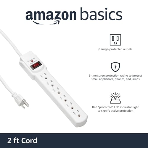 Image of Amazon Basics 6-Outlet Surge Protector Power Strip with 200J Protection, Circuit Breaker, 2ft Extension Cord, White, 20-Pack