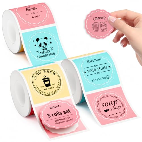 Image of NIIMBOT Labels 3 Rolls Set for B1 /B21 /B31 Sticker Printer, 34x34mm (1.34'' x 1.34'') 200 Labels /Roll, Refill Labeling Tape for Home School Office Small Business (Colorful)