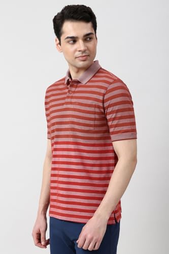 Image of Peter England Men's Cotton-Polyester Blend Striped Polo T-Shirt | Casual Wear | Durable & Trendy Regular Fit