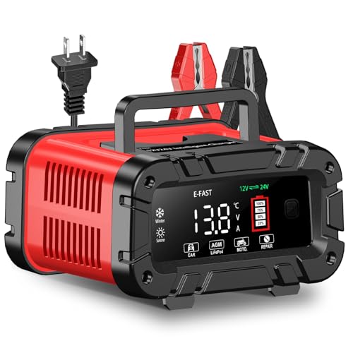 E-FAST Battery Charger 0-20A 12/24V Lifepo4 Lead Acid Automatic Smart Car Battery Charger, Trickle & Pulse Repair, Automobile Battery Maintainer for Car Truck Motorcycle Lawn Mower Boat