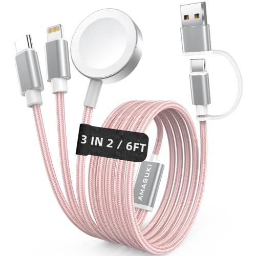 Image of Travel Essentials,3 in 2 USB C Cable for Apple Watch Charger,iPhone Charger,Multi Charging Cable,Cruise Vacation Camping Portable for iWatch Series 11-2 /Ultra /SE & iPhone 17-12,Car,Pink-6FT