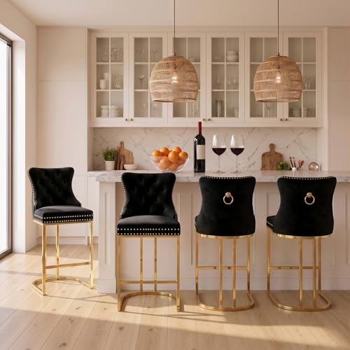 Image of UVV Counter Height Bar Stools Set of 4, 26 inch Modern Barstools with Back, Velvet Upholstery Counter Chairs with Metal Legs for Kitchen Island, Bar, Counter, Black