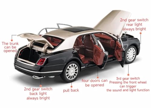 Image of Invite Enterprise Die-Cast Zinc Alloy 1:24 Scale 2024 Bentlley Mulsanne Large With 6 Openable Doors,Lights & Music & Steerable Front Wheels?1:24 Bently Mulsanne - Black /Brown?