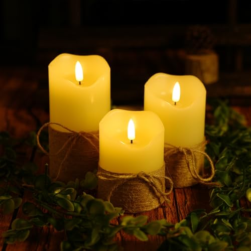 Image of 3Pcs LED Flameless Pillar Candles for Home Wedding Party Decor | Realistic 3D flicker hemp rope LED candles 4 inch /5 inch /6 inch, battery‑run. Equipped with remote timer for versatile indoor decor.