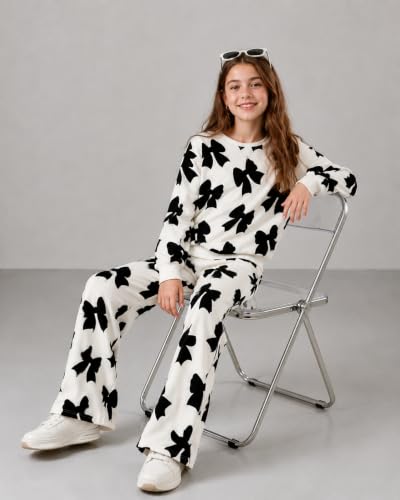 Image of Tween Girls Clothes Long Sleeve Graphic Sweatshirt Top + Bow Knot Pants 2 Piece Outfit Set, Size 7-16Years