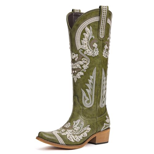Image of vodvob Western Cowboy Boots for Women Rhinestone Knee High Cowgirl Snip Toe