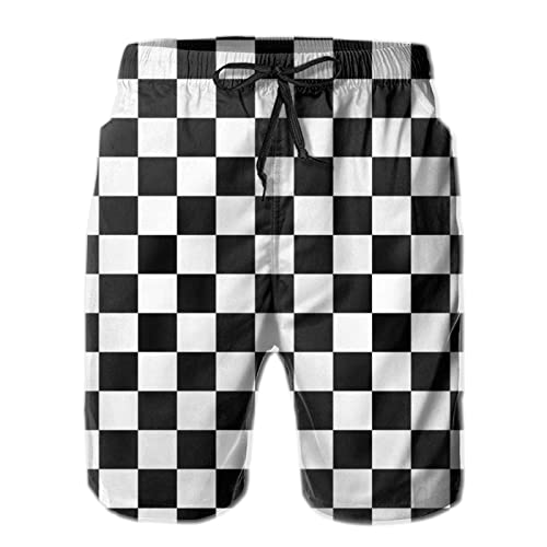 Mens Checkerboard Black and White Drawstring Casual Summer Beach Shorts