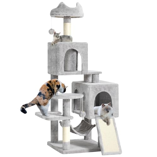 YITAHOME Kratzbaum Groß, XL 137 cm hoch, mit 2 Sisalpfosten Kratzsäule, 1 Plattformen, 2 Höhlen, Hängematte, Plüschbälle, Katzenkratzbrett, Kletterbaum für Katzen, Hellgrau YITAHOME Kratzbaum Groß, XL 137 cm hoch, mit 2 Sisalpfosten Kratzsäule, 1 Plattformen, 2 Höhlen, Hängematte, Plüschbälle, Katzenkratzbrett, Kletterbaum für Katzen, Hellgrau