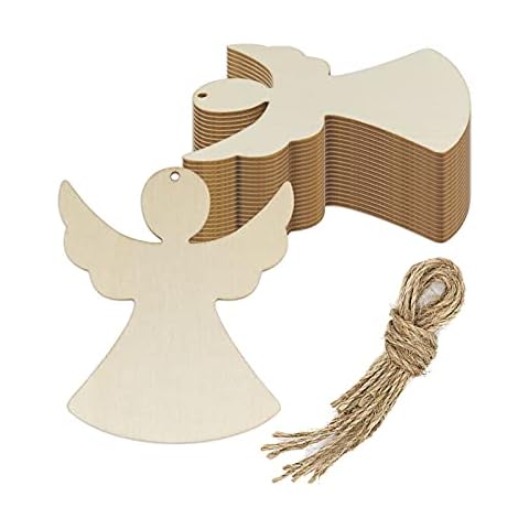 Creaides 20pcs Angel Wood DIY Crafts Cutouts Wooden Angel Shaped Hanging Ornaments with Hole Hemp Ropes Wood Tags for Wedding Birthday Christmas Party Decorations Cover