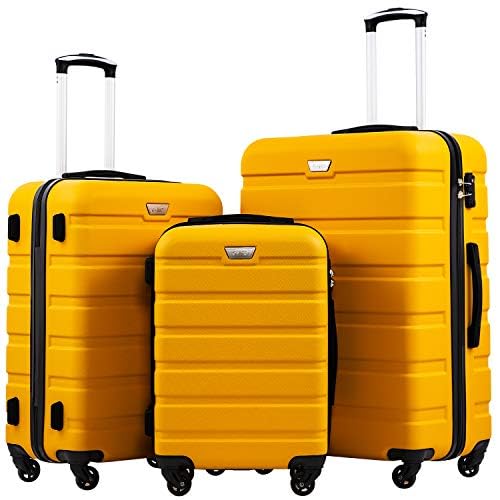 COOLIFE Set de Valise de Voyage 3 Tailles Valise Grande Taille Valise Cabine Petite Valise Sacs de Voyage Valise ABS avec 4 roulettes (Jaune, Set de 3 pièces)