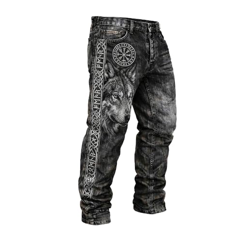 boiszeda Pantalon en Simili-Denim pour Homme à imprimé Loup Viking, Pantalon décontracté à Jambes Droites et Runes Nordiques rétro, Pantalons Streetwear Vintage