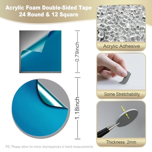 Image of Convenient Double Sided Foam Tape - Strong Adhesive Mounting Tape for Indoor & Outdoor Use, Super Strong Adhesive Waterproof Grey Pads, 24 Round & 12 Square (Grey)