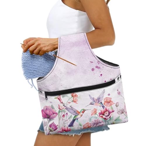 Image of Hummingbird Yarn Bags for Crochrting Organzing Knitting Bag Yarn Storage Shelves Floral Crochet Tote Bag,Large