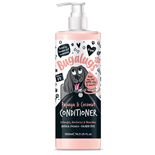 BUGALUGS Dog Conditioner 500ml with Papaya & Coconut dog perfume, best grooming Conditioner for dogs, puppy & smelly pet that detangles & moisturises use with dog shampoo, cologne