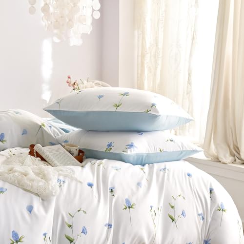 Image of Wake In Cloud - Floral Comforter Set, Cottagecore Cute Aesthetic Watercolor Tiny Flowers and Leaves, Soft Lightweight Bedding for Women Teen Girls, 3 Pieces, Blue, Full Size