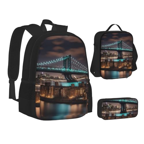 New York Manhattan Bridge Night 3-Piece Set Backpack, Lunch Bag, And Pencil Case, Casual Cute Sets For Travel And College2