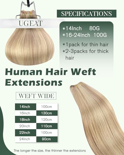 Image of Ugeat 24 Inch Weft Hair Extensions Human Hair, Human Hair Extensions Sew in 100g, Sew in Extensions Long Straight, Ash Blonde Highlights Medium Blonde