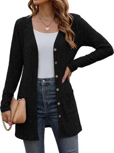Cicy Bell Damen Lang Button Down Cardigan Elegant Langarm Strikjacke mit Tasche Open Front Sweaters