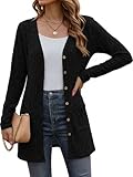 Cicy Bell Damen Lang Button Down Cardigan Elegant Langarm Strikjacke mit Tasche Open Front Sweaters Schwarz M