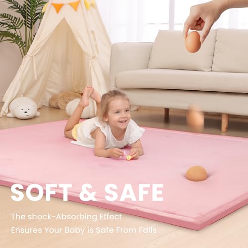 Image of Baby Play Mat for Floor,1.3 inch Thick Memory Foam Tummy Time Mat for Toddlers,Infants,Kids,Soft Coral Velvet,Extra Large Non Slip for Crawling,Yoga,Tatami Style for Living Room(Pink)