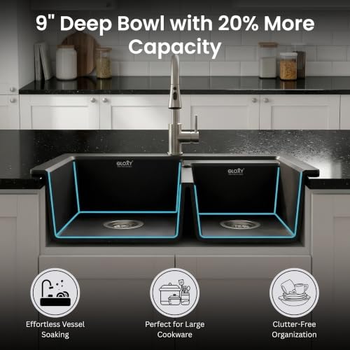 Image of GLOXY Premium Quartz Granite Double Bowl Kitchen Sink 31x18x9 Inches - Heavy Duty Black Matte Finish Double Bowl Quartz Sink with Drainer Basket Coupling Hose Pipe - Undermount & Topmount Kitchen Sink