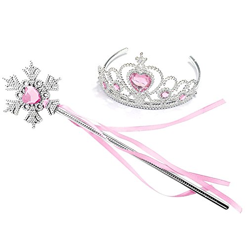 Image of Kuzhi Princess Queen Crown Tiara and Wand Set – Silver Heart Jewel (Light Pink,Snowflake Wand)