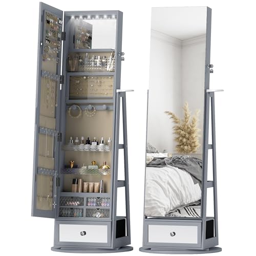 HOMCOM Espejo Joyero con Luces LED, Armario para Joyas, Armario Joyero de Pie con Espejo Cuero Entero, Soporte para Secador, Giratorio de 360°, Cajón, Cerradura, Estantes Abiertos, Gris Claro y Beige