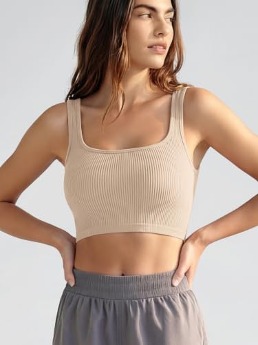 Image of ODODOS 3-Pack Seamless Square Neck Crop Tank for Women Ribbed Knit Soft Low Back Cropped Tops