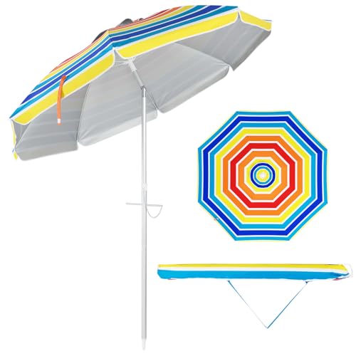 KOMFOTTEU Sonnenschirm Strand 200cm, Gartenschirm Sonnenschutz UV50+, Beach umbrella knickbar & Leichtgewicht, Balkonschirm mit Tragetasche, Terrassenschirm ohne Schirmständer (Bunt)