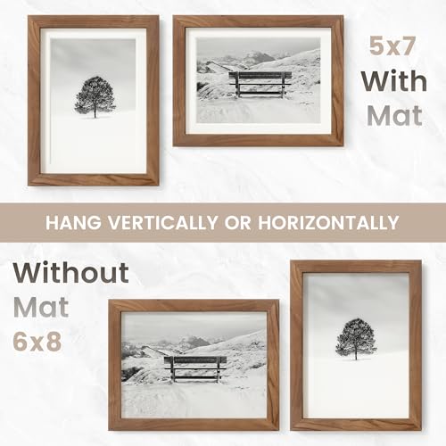 Image of 6x8 Picture Frame, USA-Sourced Natural Walnut Wood Photo Collage Frame with HD Tempered Glass, Modern Simple 6 x 8 Wooden Frame Matted to 5x7, Gallery Wall Frames for Art, Wall or Tabletop Display